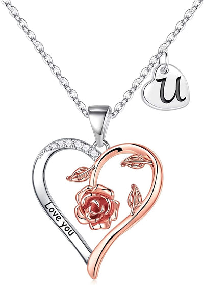 Rose Heart Necklaces Gifts for Women Teen Girls, Rose Love Heart Initial Necklaces Jewelry Engraved Love You Bridesmaid Gifts Valentines Christmas Birthday Gifts for Her Women Wife Girlfriend Mom