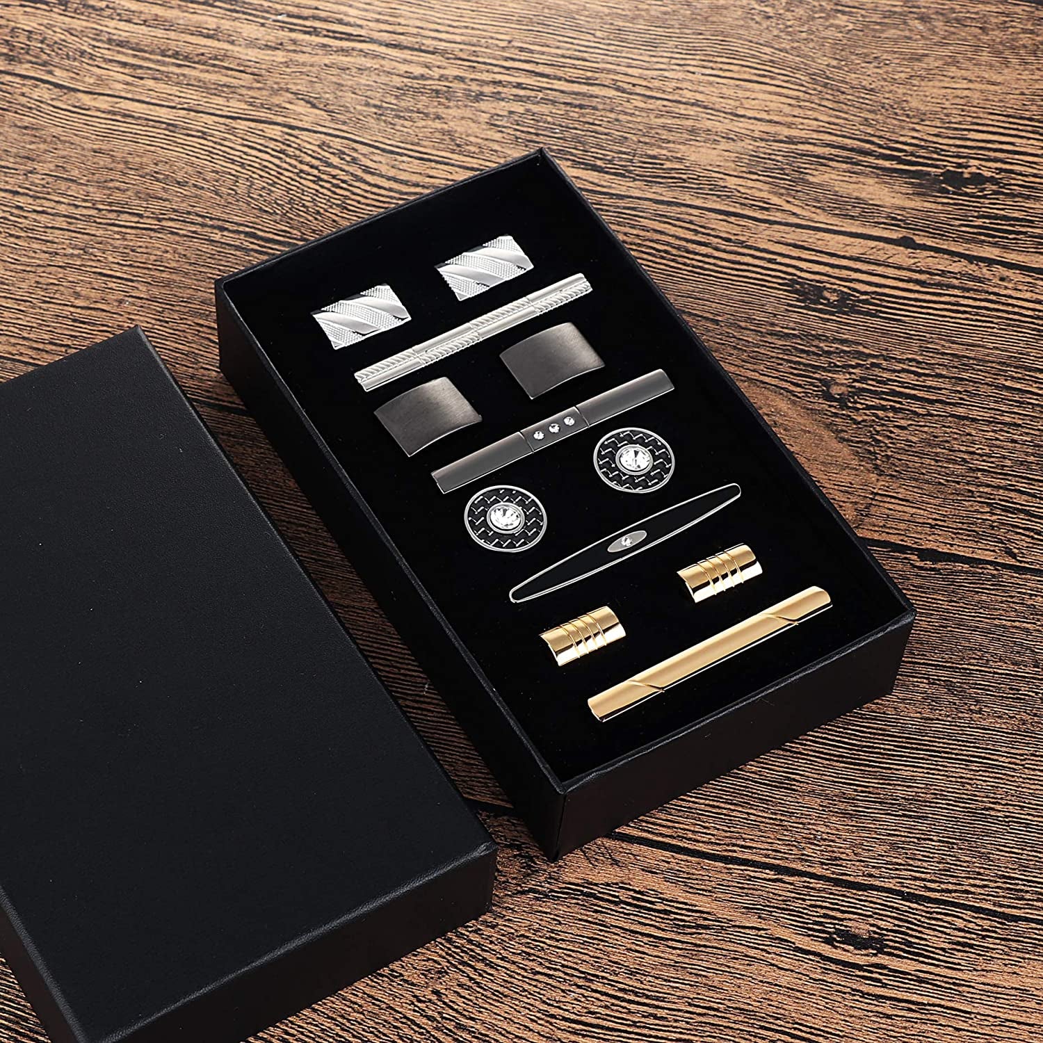 Tie Clip Cufflinks Set for Men Necktie Tie Bar Clips Business Shirts Tuxedo Wedding Gift with Box Silver-Tone Gold-Tone Black