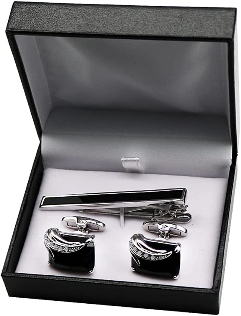 Black Cufflinks and Tie Clip Set with Gift Box Wedding Party Business Meeting Mens Cufflinks Give Father’S Day Valentine’S Day or Men Birthday Gift