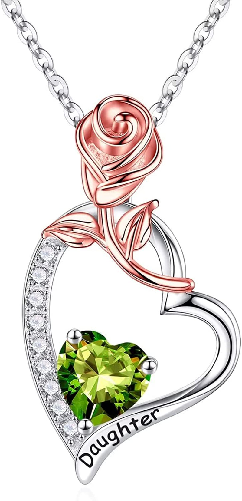 Daughter Gifts Rose Heart Birthstone Necklace, 925 Sterling Silver Natural or Created Gemstone Pendant Necklace Valentines Mothers Day Gifts for Daughter Birthday Christmas Gifts for Daughter from Mom