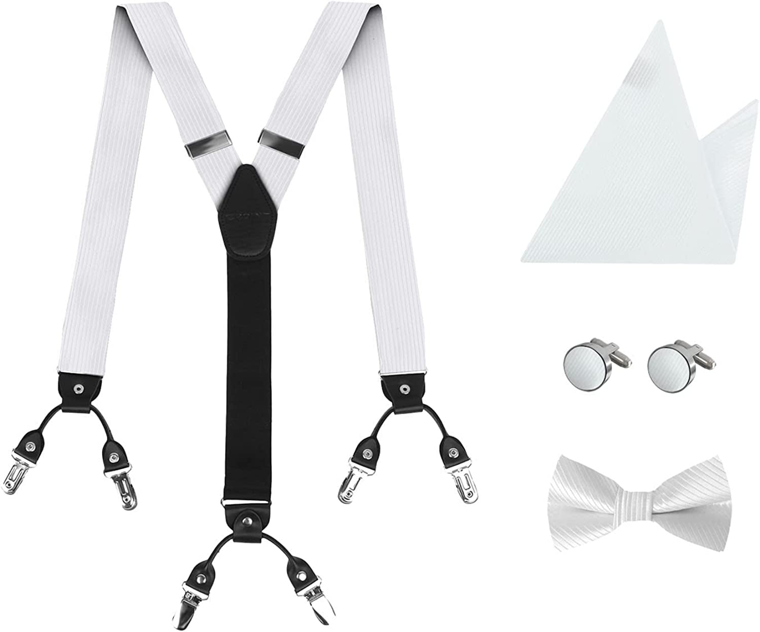 Jacquard Silk Suspenders for Men Clip-On Adjustable Elastic-Band Y-Back Suspenders Bow Ties Hanky Cufflink Set