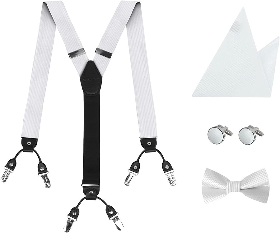 Jacquard Silk Suspenders for Men Clip-On Adjustable Elastic-Band Y-Back Suspenders Bow Ties Hanky Cufflink Set
