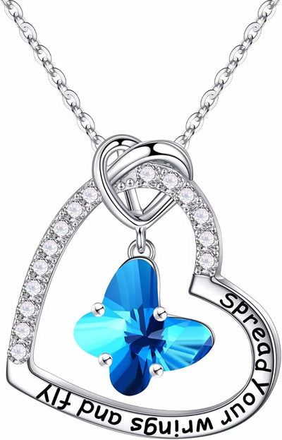 Butterfly Birthstone Crystal Necklace, 925 Sterling Silver Butterfly Jewelry Mothers Valentines Day Gifts Birthday Chirstmas Gifts for Women Teen Girls Daughter