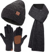 Men & Women Winter Knit Hat Beanie Long Scarf Touchscreen Gloves Set Skull Cap Neck Warmer Gloves Set with Fleece Lined
