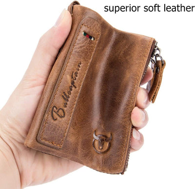Genuine Leather Wallet for Men Vintage Bifold with Double Zipper Pockets (Brown)