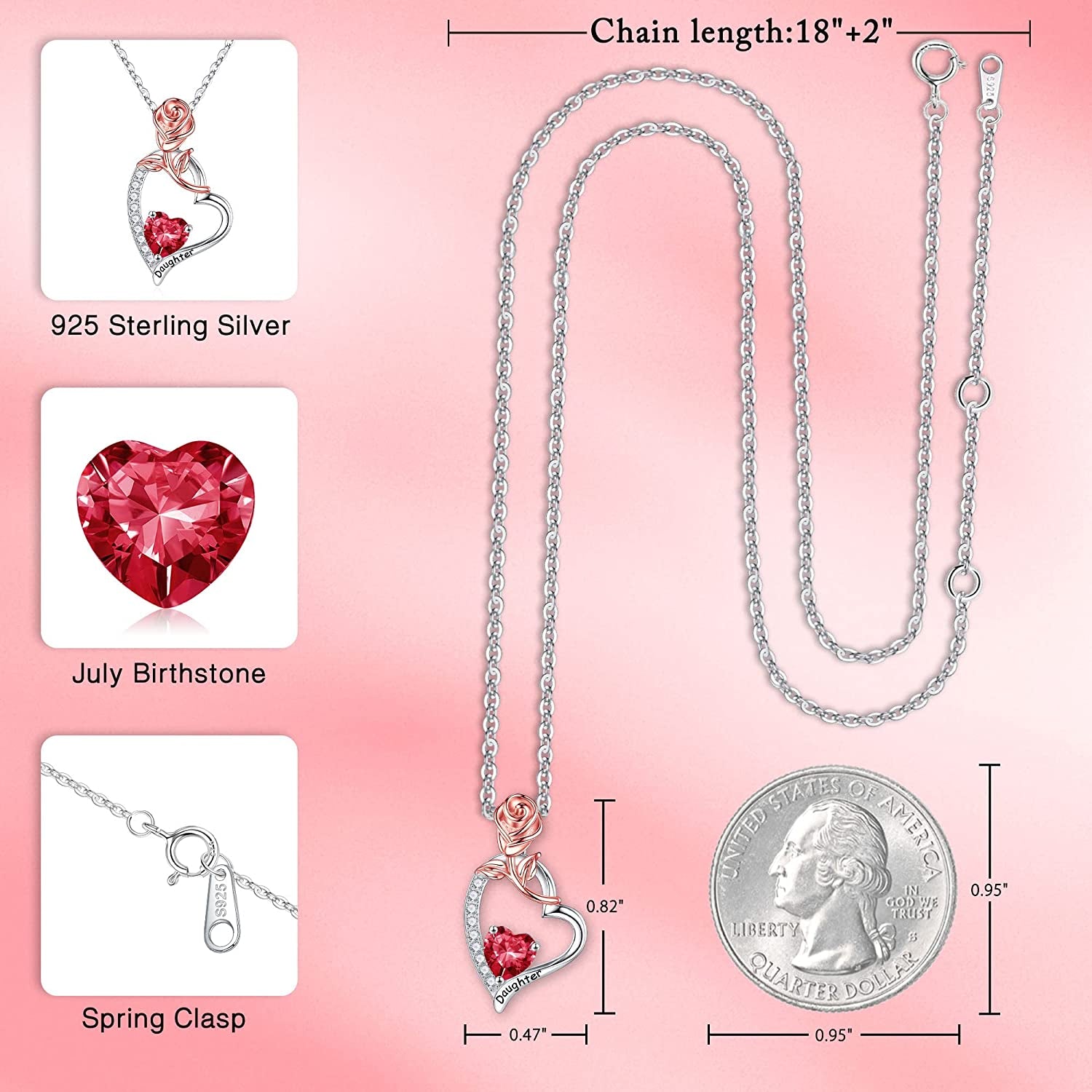 Daughter Gifts Rose Heart Birthstone Necklace, 925 Sterling Silver Natural or Created Gemstone Pendant Necklace Valentines Mothers Day Gifts for Daughter Birthday Christmas Gifts for Daughter from Mom