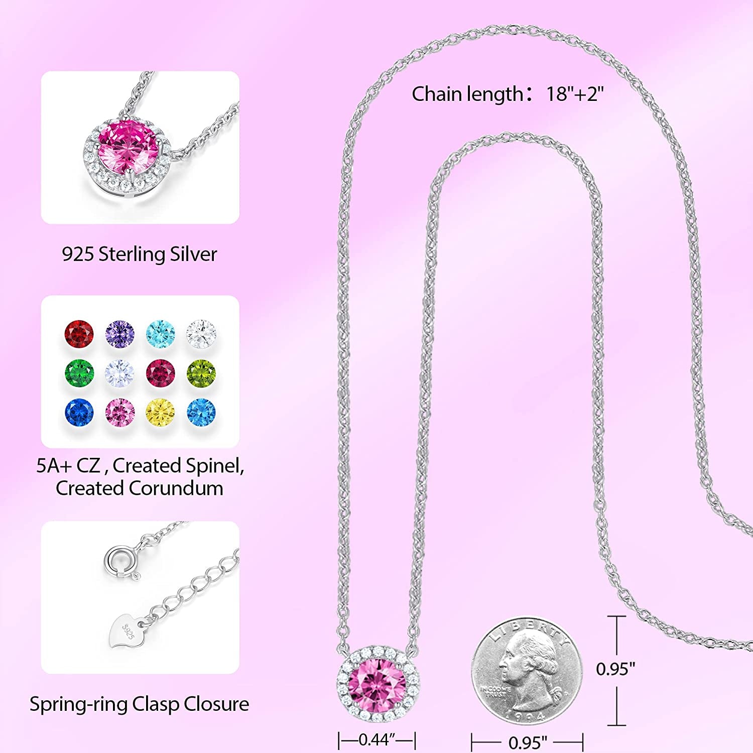 925 Sterling Silver Birthstone round Solitaire Pendant Dainty Halo Necklaces for Women, Anniversary Valentine'S Day Birthday Mother'S Jewelry Gifts for Girls Women Wife Mom Girlfriend