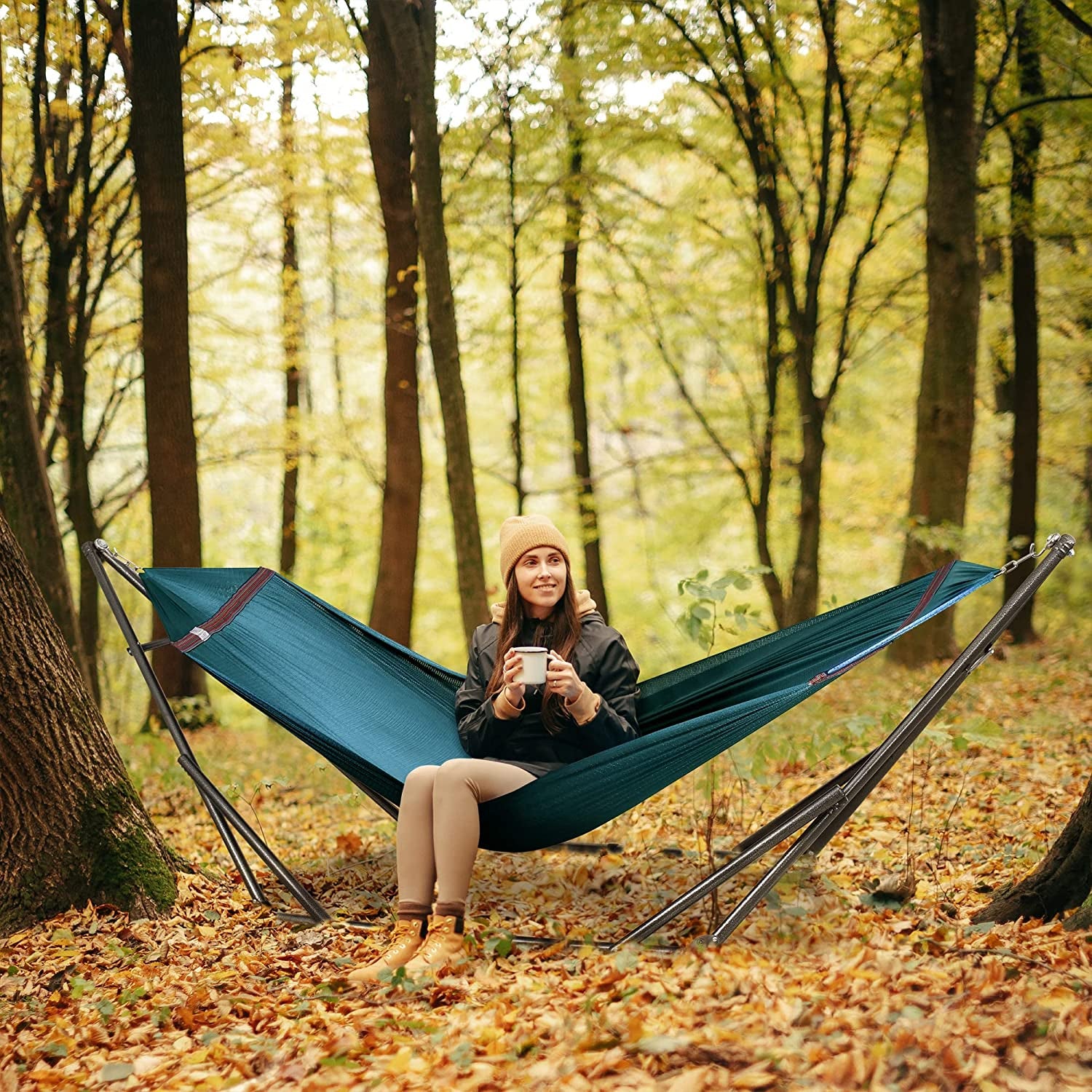 Double Hammock with Stand Included for 2 Persons/ Foldable Hammock Stand 550 Lbs Capacity Portable Case - Inhouse, Outdoor, Camping, Peacock