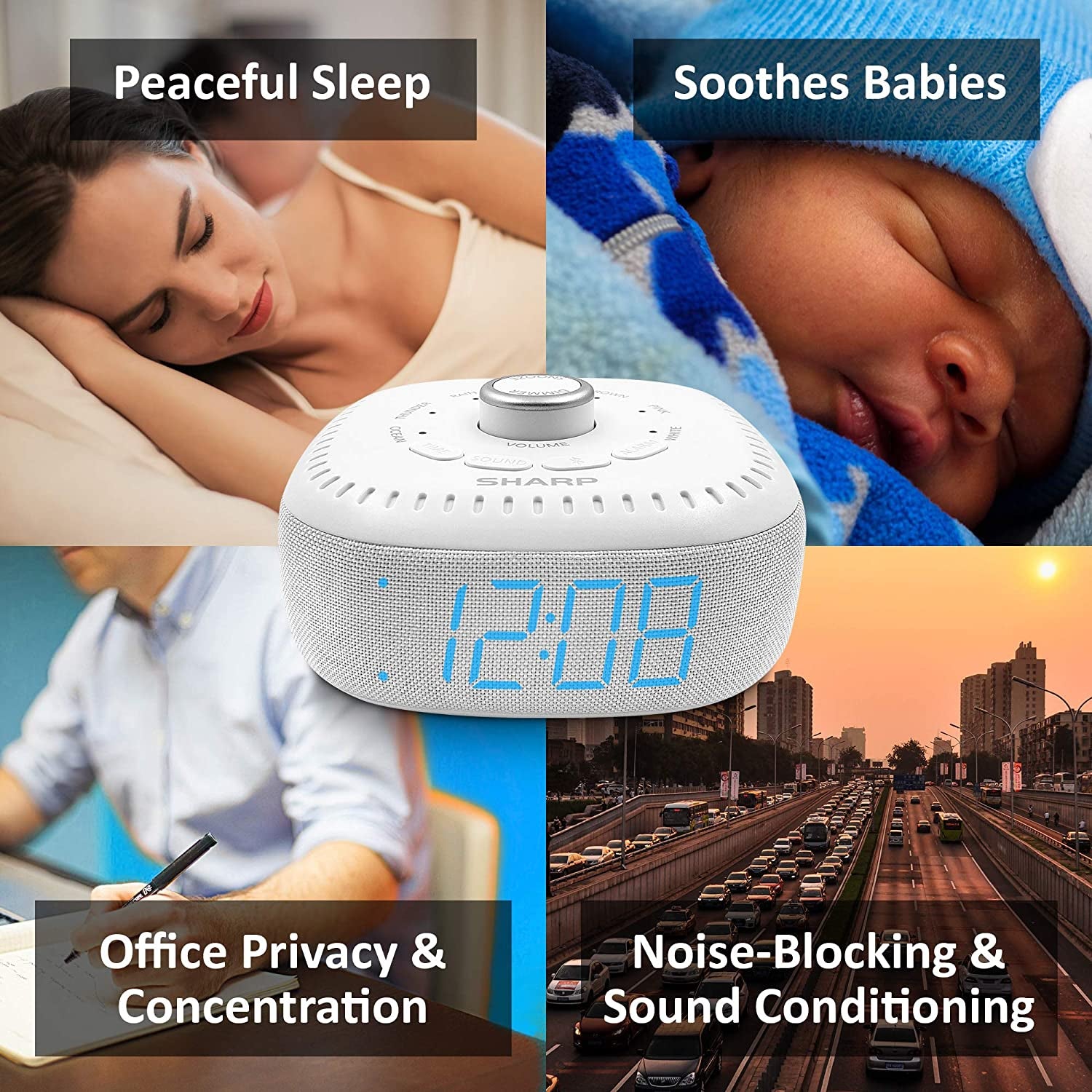 Sound Machine Alarm Clock with Bluetooth Speaker, 6 High Fidelity Sleep Soundtracks – White Noise Machine for Baby, Adults, Home and Office – Blue LED
