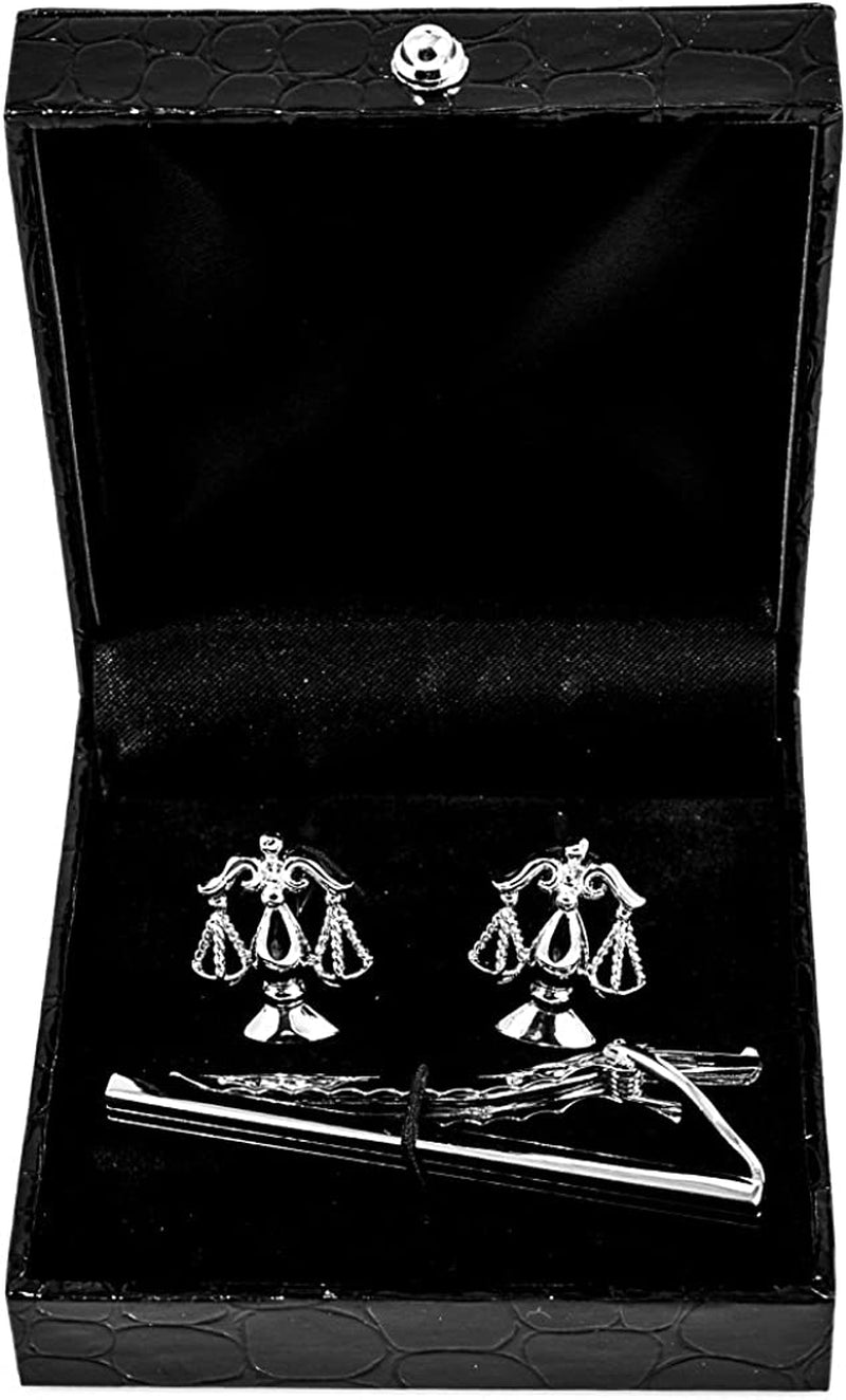 Scales of Justice Attorney Lawyer Judge Law Pair of Cufflinks and Tie Bar Clip with a Presentation Gift Box