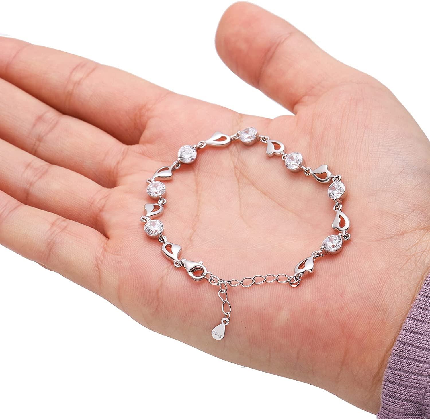 925 Sterling Silver Heart Bracelet for Women Girl, Adjustable Love Heart Bracelet with Cubic Zirconia, Jewelry Heart Anklets Chain Gift with Blue Velvet Gift Box, for Girlfriend, Wife, Grandma, Mom, Birthday, Valentine'S Day