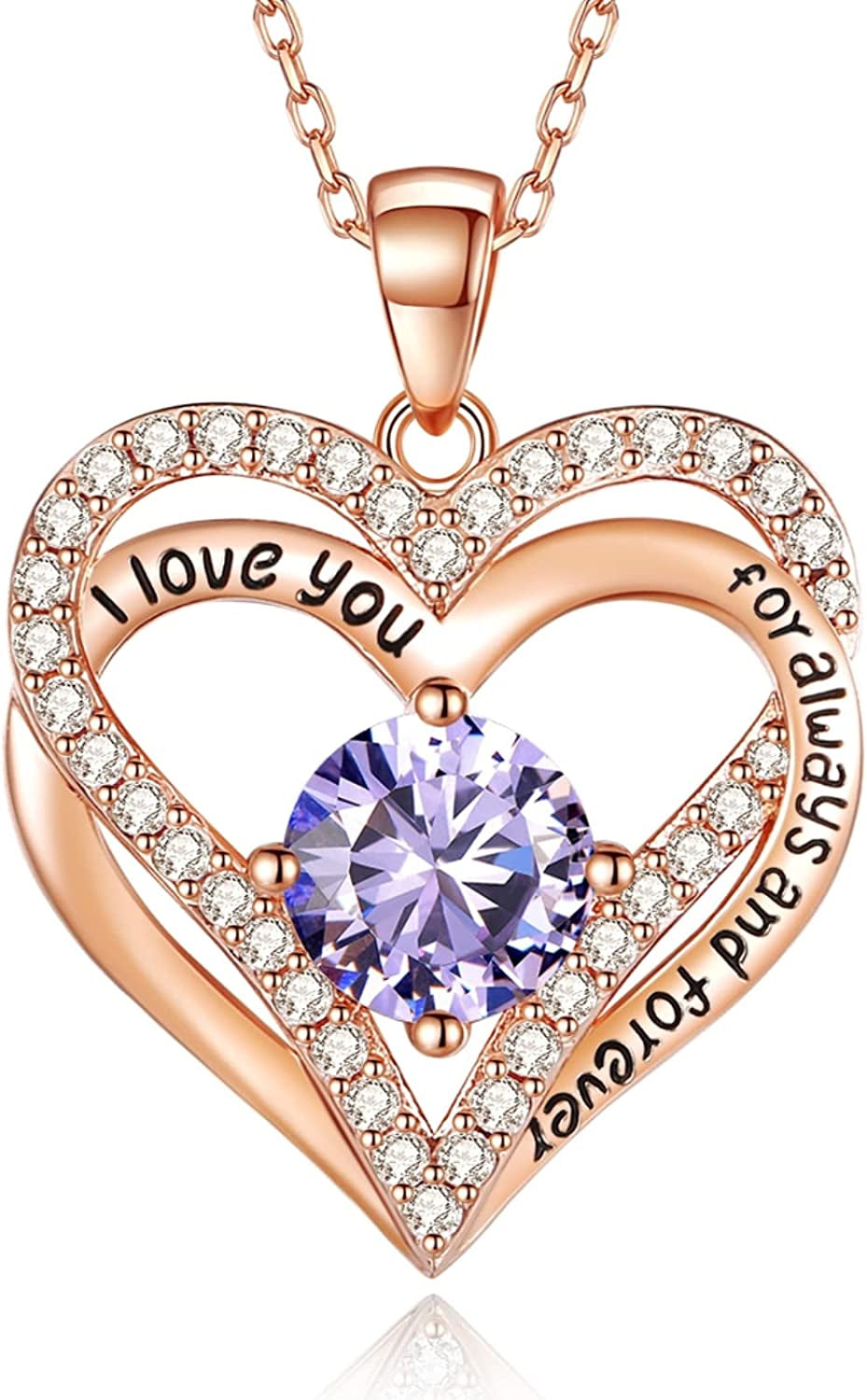 925 Sterling Silver Jewelry for Women, 18K Rose Gold Necklaces for Wife, Birthstone Diamond Heart Pendant for Christmas, Anniversary Jewelry Gift for Her, Girlfriend Necklaces Gift for Valentines Day