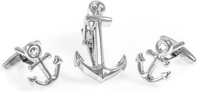 Anchor Pair of Cufflinks & Tie Bar Clip with Presentation Gift Box and Polishing Cloth