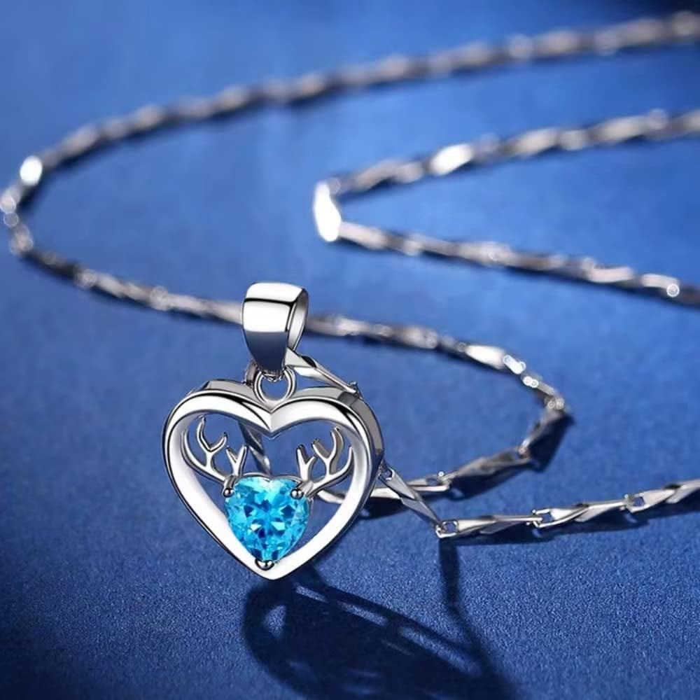 Deer Necklace. Deer Antler Pendant. Love Necklace, Blue Love Zircon. Silver Plated, Women'S Necklace, Girly, Valentine'S Day, Birthday Gift