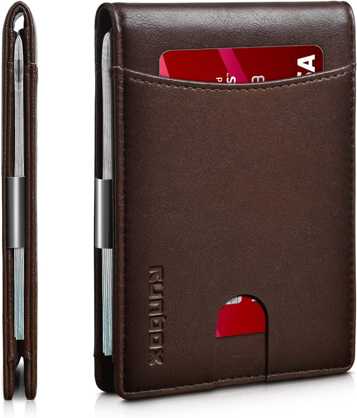 Slim Money Clip Wallet for Men Minimalist Leather Bifold RFID Blocking Large Capacity with Gift Box Carbon Black and Red