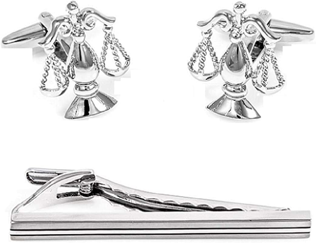 Scales of Justice Attorney Lawyer Judge Law Pair of Cufflinks and Tie Bar Clip with a Presentation Gift Box