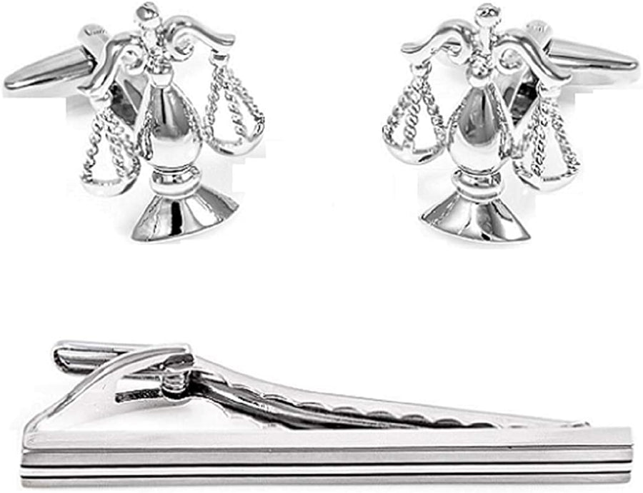 Scales of Justice Attorney Lawyer Judge Law Pair of Cufflinks and Tie Bar Clip with a Presentation Gift Box