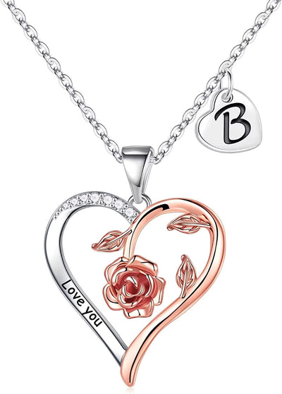 Rose Heart Necklaces Gifts for Women Teen Girls, Rose Love Heart Initial Necklaces Jewelry Engraved Love You Bridesmaid Gifts Valentines Christmas Birthday Gifts for Her Women Wife Girlfriend Mom