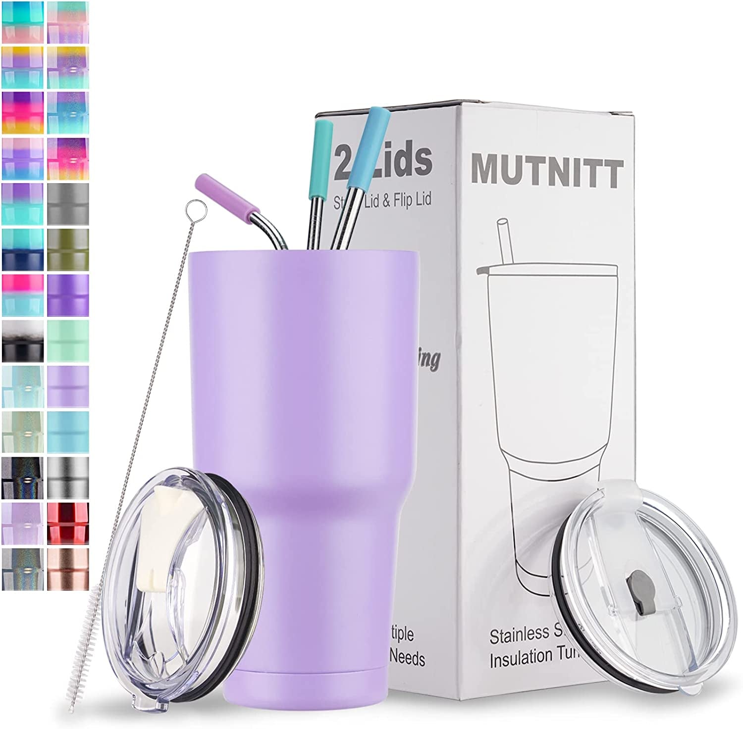 30 Oz Tumbler with Lids and Straws,18/8 Stainless Steel Vacuum Insulated Coffee Tumbler,Insulated Travel Mug Water Cup with Leak-Proof Straw Lid & Flip Lid,3 Metal Straws,1 Cleaning Brush & Gift Box