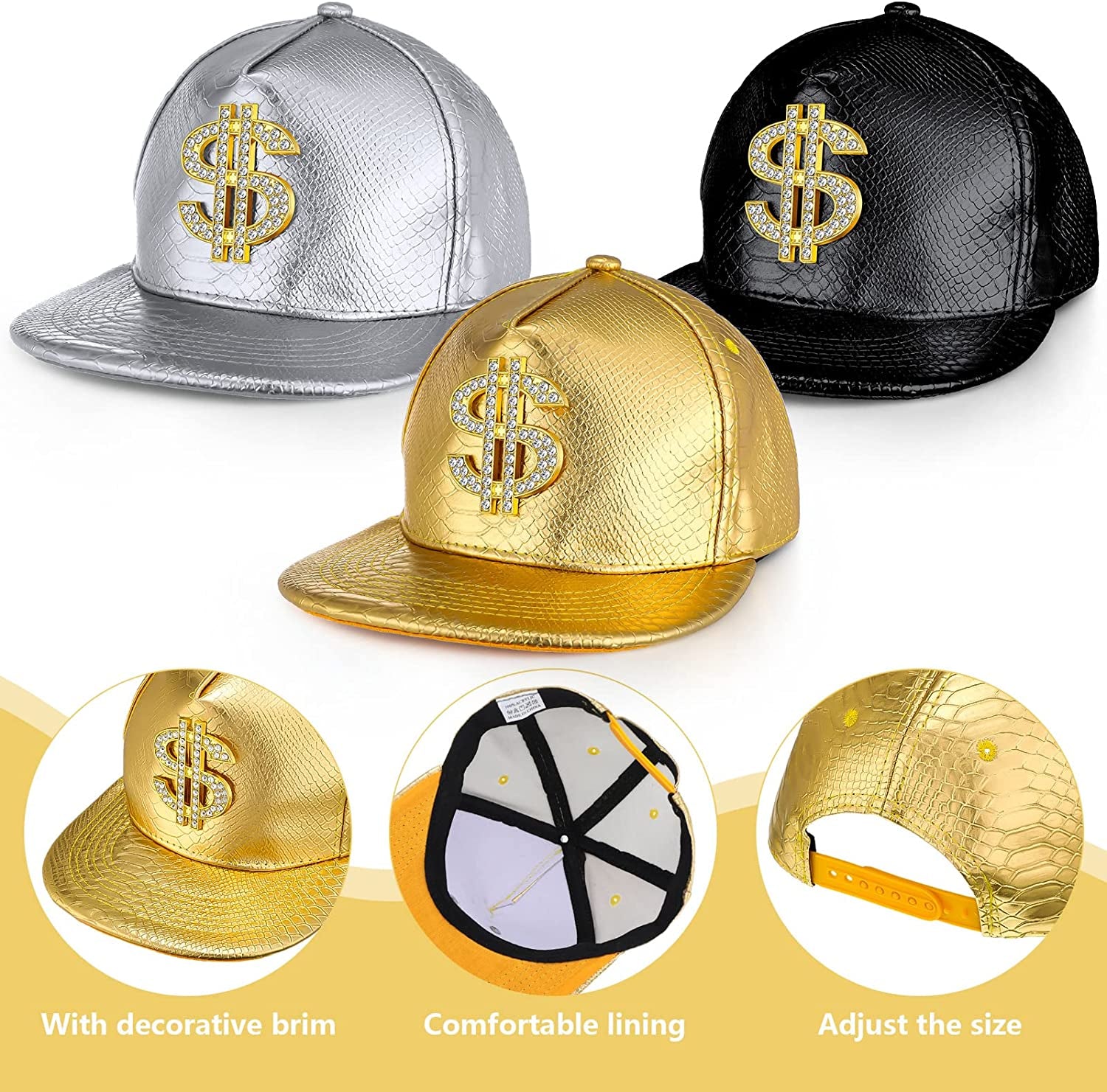 3 Pieces Funny Hat Gold Rapper Hat 80S 90S Adjustable Hip Hop Hat Dollar Sign Gold Snapback Hat Leather Brimmed Baseball Cap for Men