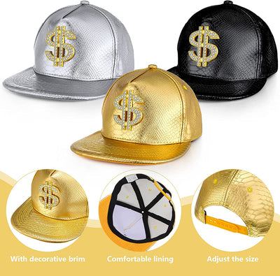3 Pieces Funny Hat Gold Rapper Hat 80S 90S Adjustable Hip Hop Hat Dollar Sign Gold Snapback Hat Leather Brimmed Baseball Cap for Men