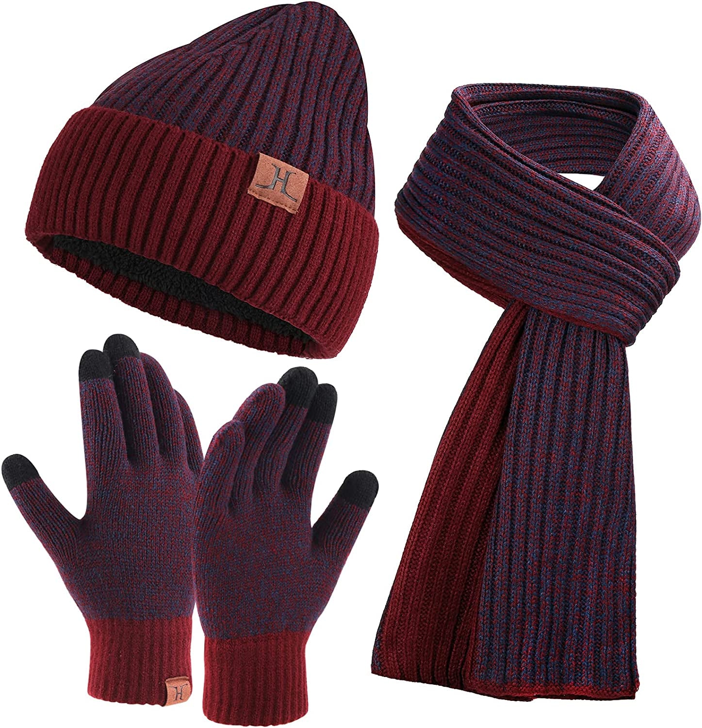 Men & Women Winter Knit Hat Beanie Long Scarf Touchscreen Gloves Set Skull Cap Neck Warmer Gloves Set with Fleece Lined