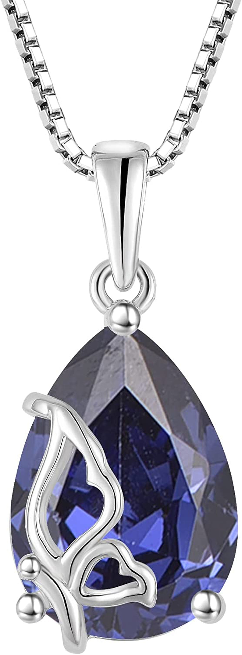Birthstone Necklace for Women 925 Sterling Silver Butterfly Pendant Necklace with Created Gemstone Birthday Valentines Mothers Day Anniversary Christmas Jewelry Gifts for Mom Wife Girls Her