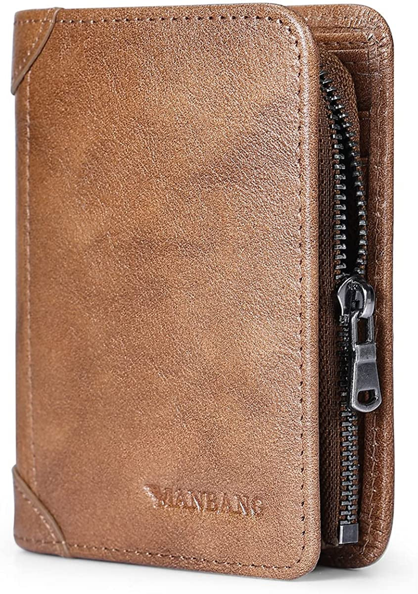 Mens Wallet Zipper Genuine Leather RFID Card Holders Cowhide Zip Coin Pocket Bifold Wallets for Men Brown(Anti-Theft Brush)