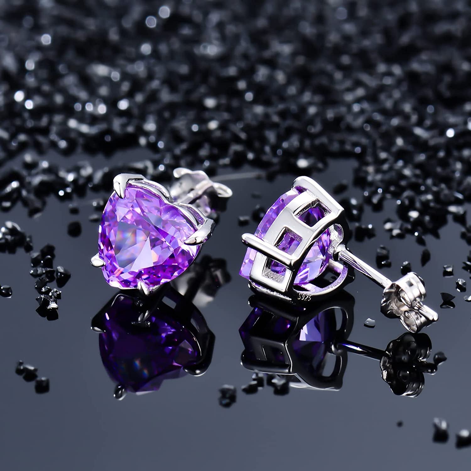 Love Heart Stud Earrings 925 Sterling Silver with Heart Birthstone Crushed Ice,Bridal Prom - Elegant Birthday Valentines Christmas Anniversary Wedding Jewelry Gifts for Women Girls Her Mom