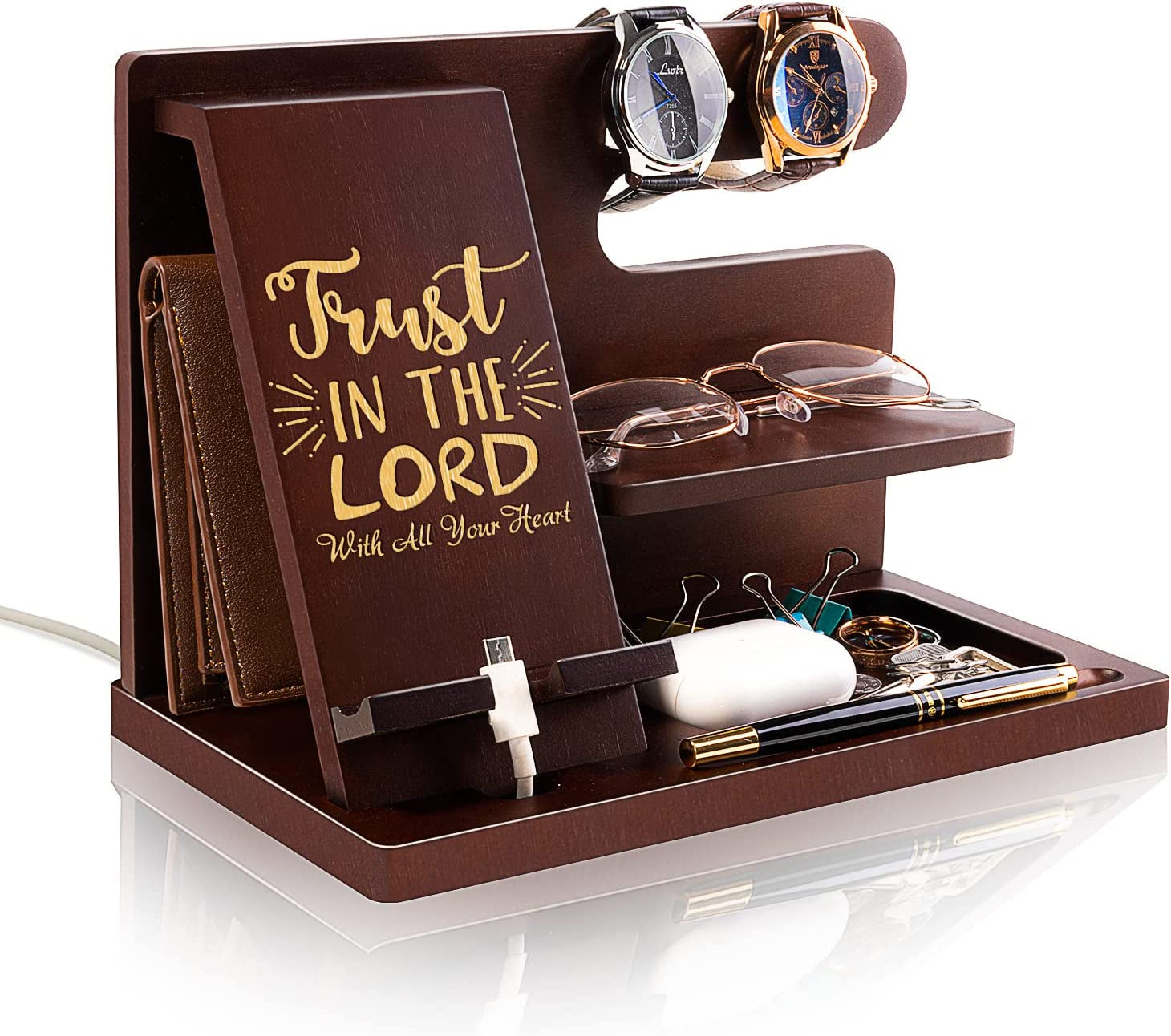 Personalized Wood Phone Docking Station for Husband Boyfriend - I Love You Everyday - Key Holder Wallet Stand Watch Organizer Men Gift Anniversary Birthday Christmas Nightstand Male Travel Gadgets