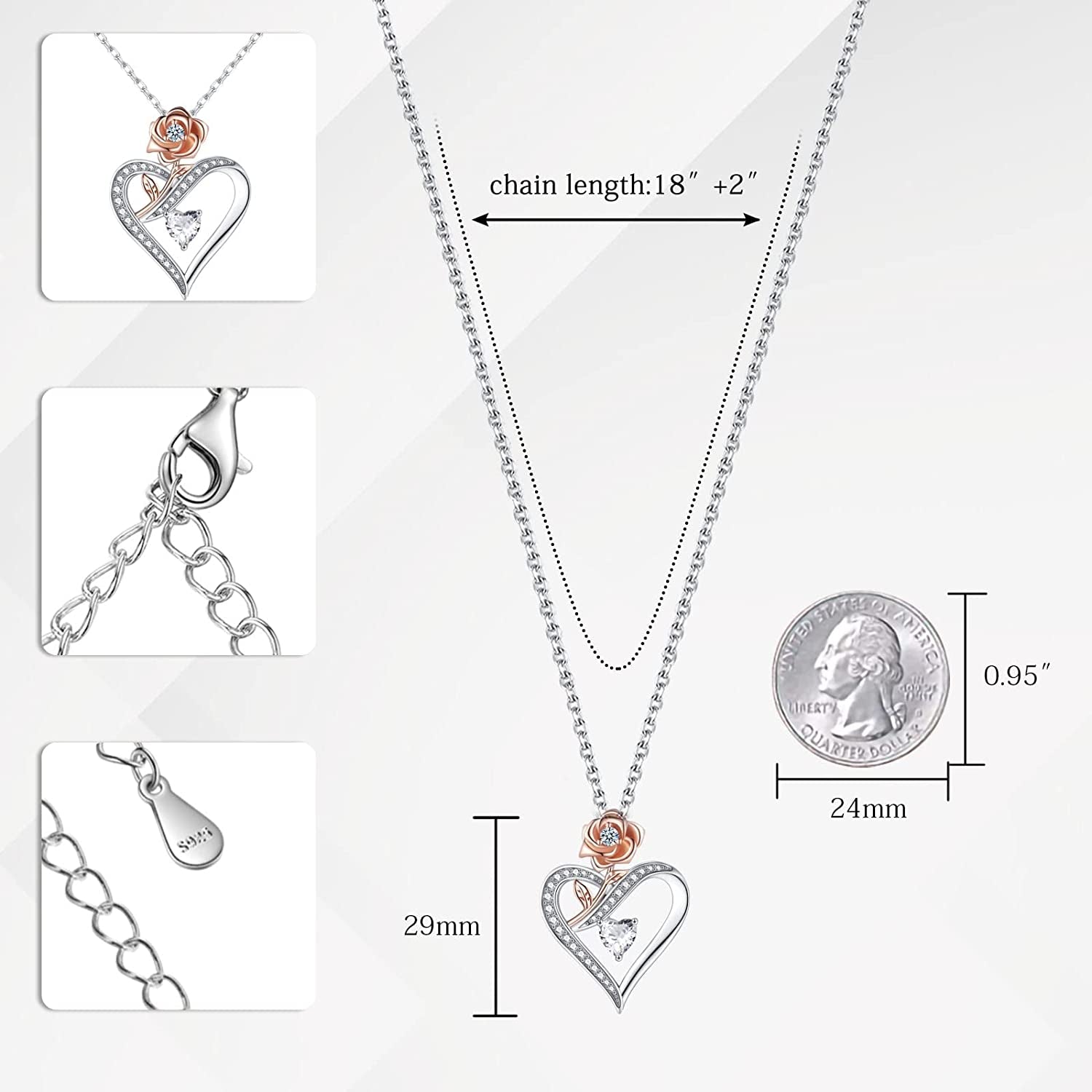 Sterling Silver Heart Rose Necklaces for Women,Birthday Valentines Day Jewelry Gifts for Her Girlfriend Wife Mom