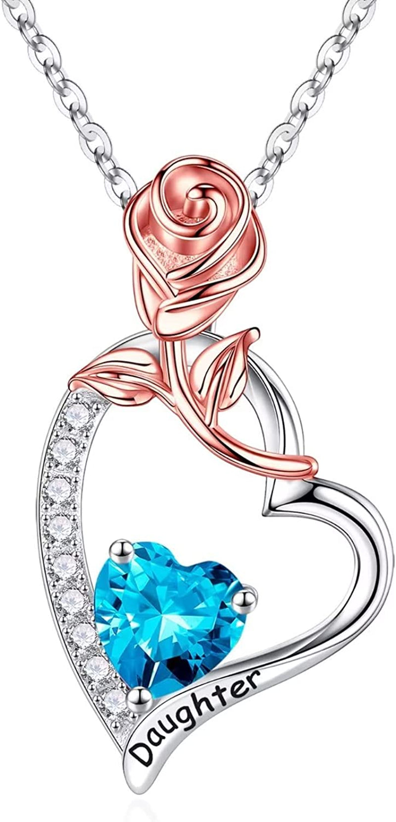 Daughter Gifts Rose Heart Birthstone Necklace, 925 Sterling Silver Natural or Created Gemstone Pendant Necklace Valentines Mothers Day Gifts for Daughter Birthday Christmas Gifts for Daughter from Mom