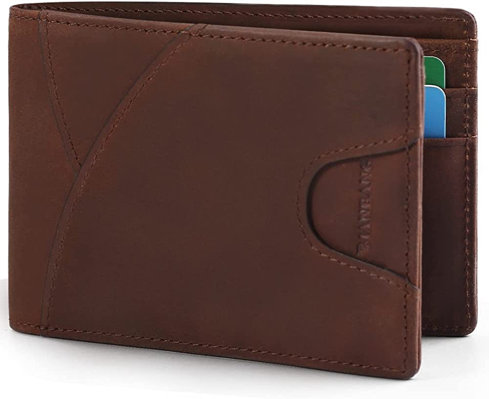 Mens Wallet Zipper Genuine Leather RFID Card Holders Cowhide Zip Coin Pocket Bifold Wallets for Men Brown(Anti-Theft Brush)