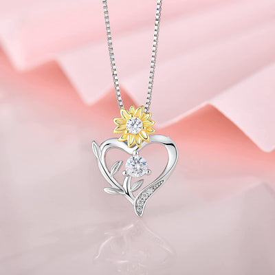 Sunflower Heart Necklace for Women 925 Sterling Silver Cubic Zirconia Love Pendant Jewelry Gifts for Women