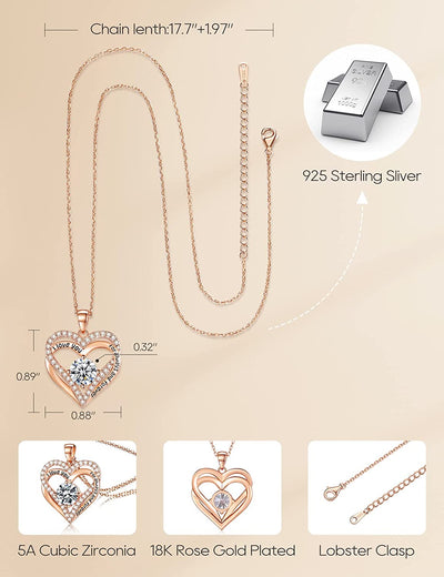 925 Sterling Silver Jewelry for Women, 18K Rose Gold Necklaces for Wife, Birthstone Diamond Heart Pendant for Christmas, Anniversary Jewelry Gift for Her, Girlfriend Necklaces Gift for Valentines Day