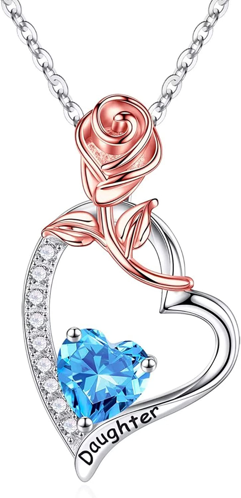 Daughter Gifts Rose Heart Birthstone Necklace, 925 Sterling Silver Natural or Created Gemstone Pendant Necklace Valentines Mothers Day Gifts for Daughter Birthday Christmas Gifts for Daughter from Mom