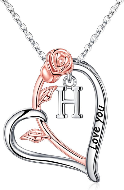 Rose Heart Initial Necklaces Gifts for Women Teen Girls, Rose Love You Heart Letter Pendant Necklace Jewelry Mothers Day Valentines Anniversary Christmas Birthday Gifts for Her Mom Wife Girlfriend