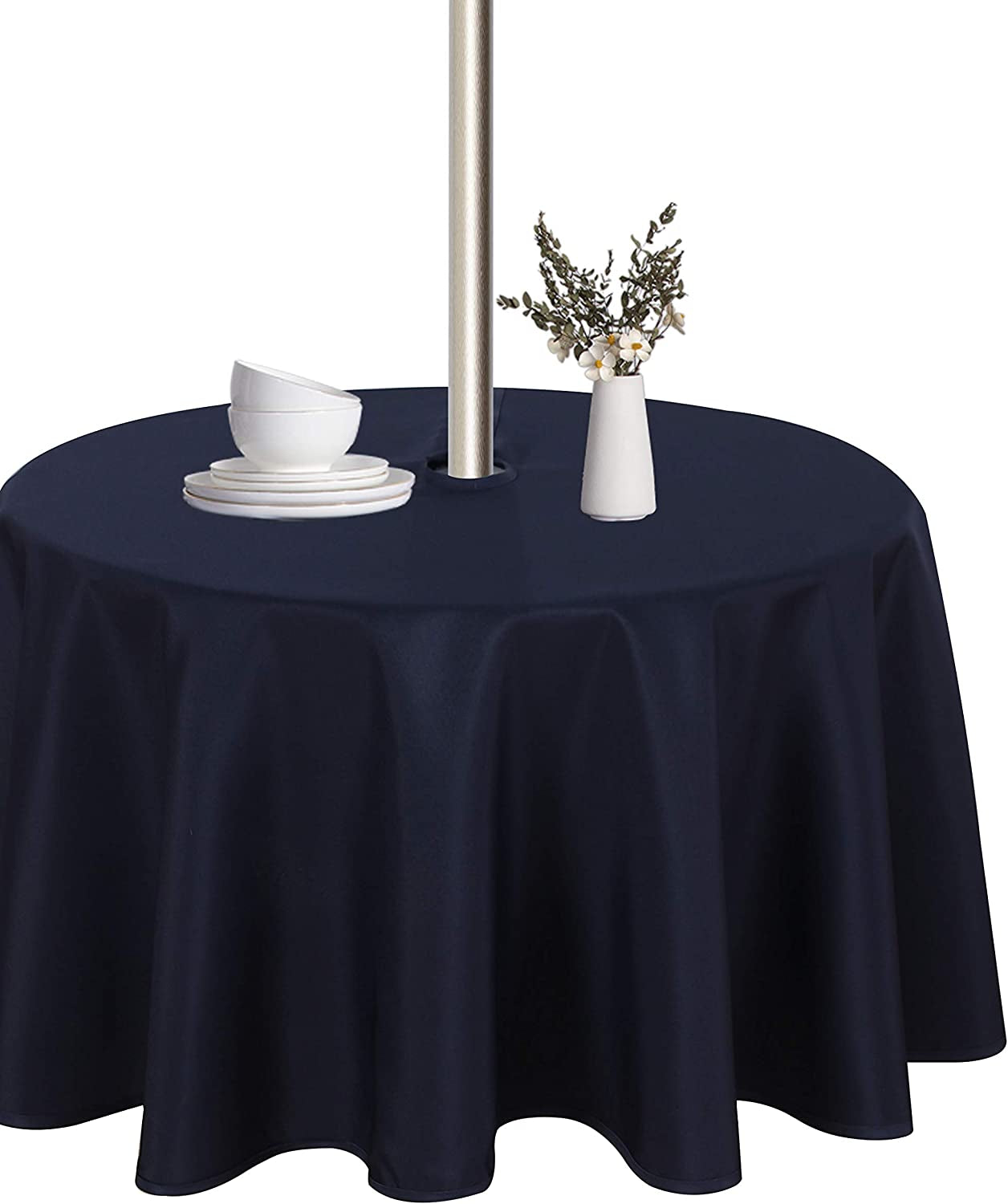 Outdoor and Indoor Tablecloth - Washable Waterproof Wrinkle Free Table Cloth with Zipper and Umbrella Hole for Spring/ Summer/ Party/ Picnic/ BBQS/ Patio (Round 60 Inch, Grey)