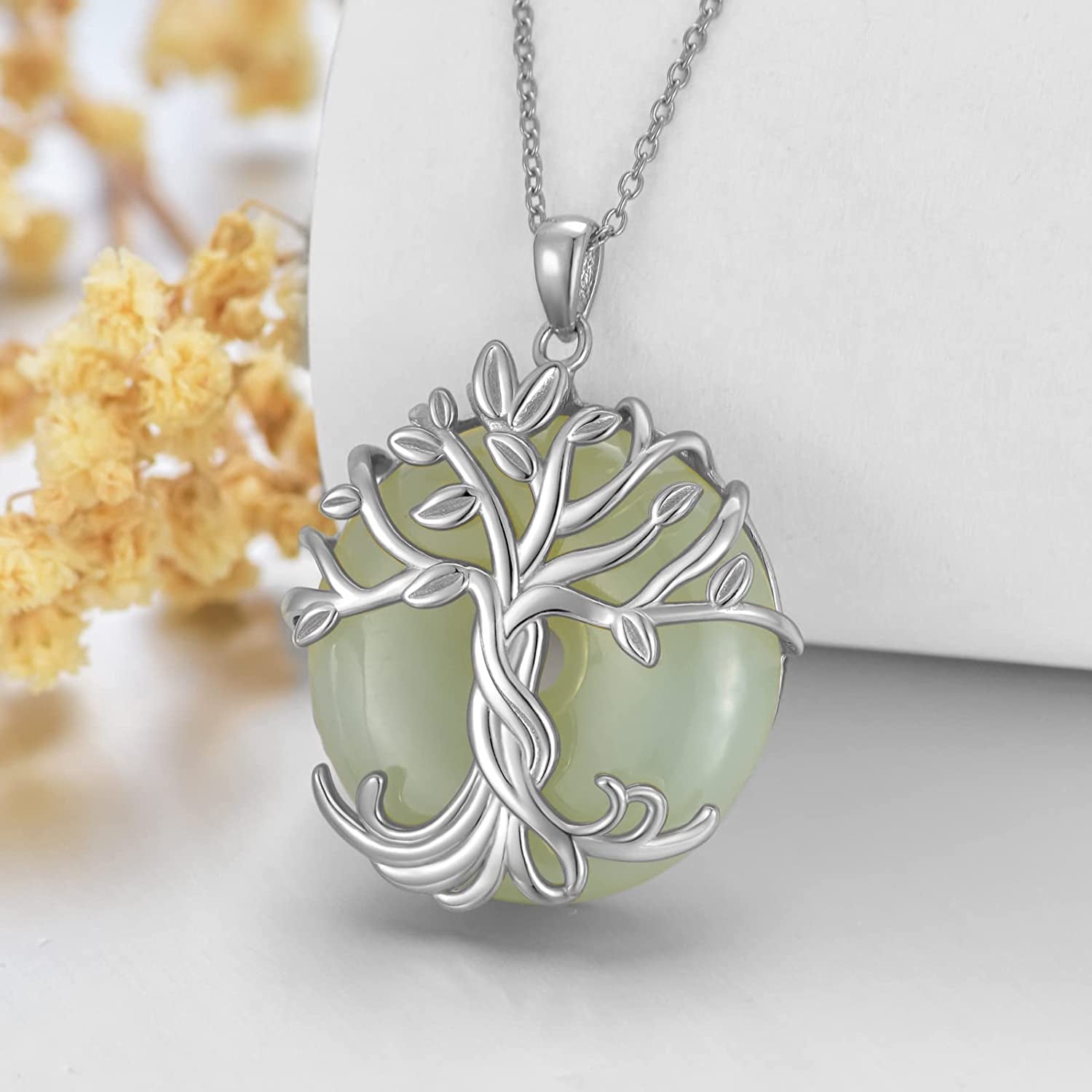 Tree of Life Necklace 14K Rose Gold Silver round Jade/Black Onyx Celtic Family Tree Pendant Necklace Jewelry Gifts for Women Girls Mom Wife Daughter Her