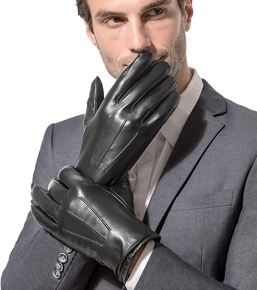 Men'S Leather Gloves, Black Driving/Working Touchscreen Lambskin Cashmere Winter Mittens