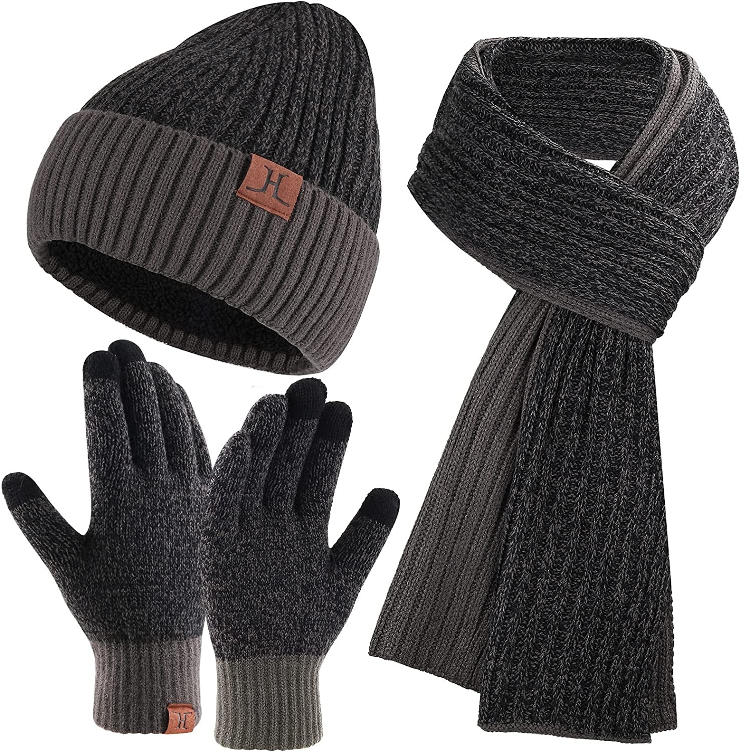 Men & Women Winter Knit Hat Beanie Long Scarf Touchscreen Gloves Set Skull Cap Neck Warmer Gloves Set with Fleece Lined