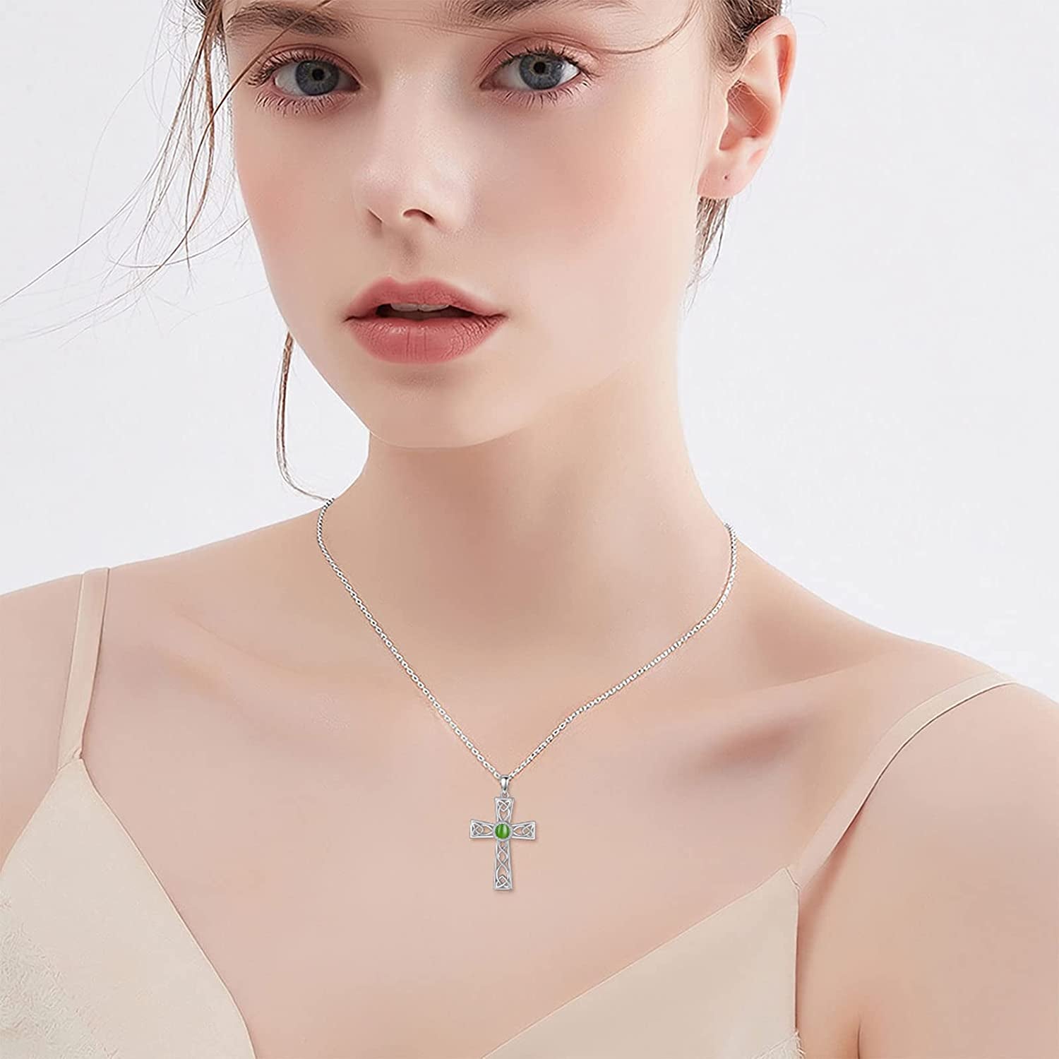 Celtic Cross Necklace for Women with Natural Turquoise/Jade/Red Agate Sterling Silver Irish Trinity Knot Cross Pendant Necklace Jewelry Gifts for Christmas Birthday Valentine’S Day
