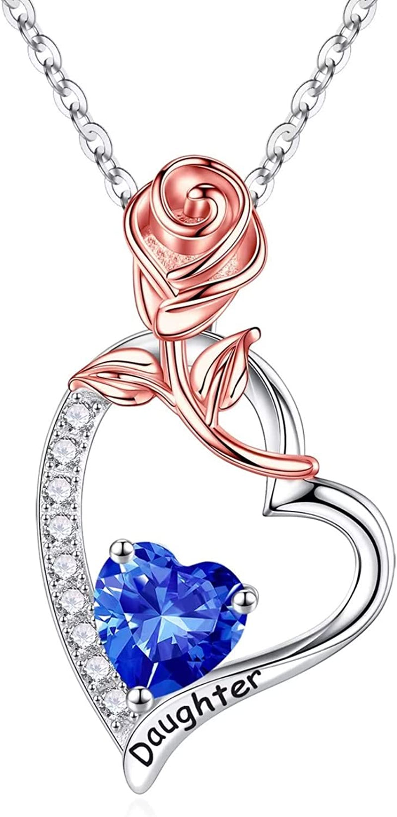 Daughter Gifts Rose Heart Birthstone Necklace, 925 Sterling Silver Natural or Created Gemstone Pendant Necklace Valentines Mothers Day Gifts for Daughter Birthday Christmas Gifts for Daughter from Mom