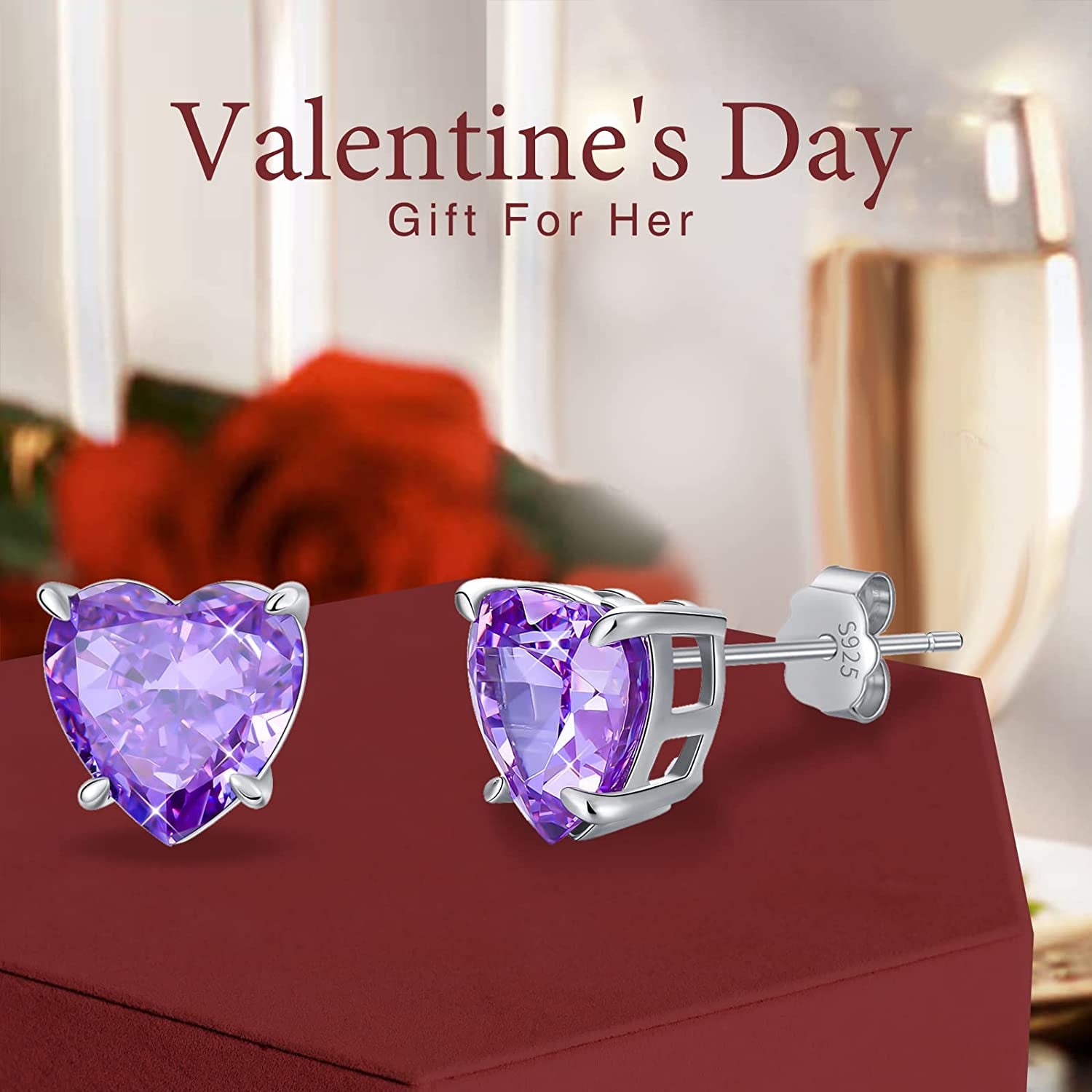 Love Heart Stud Earrings 925 Sterling Silver with Heart Birthstone Crushed Ice,Bridal Prom - Elegant Birthday Valentines Christmas Anniversary Wedding Jewelry Gifts for Women Girls Her Mom