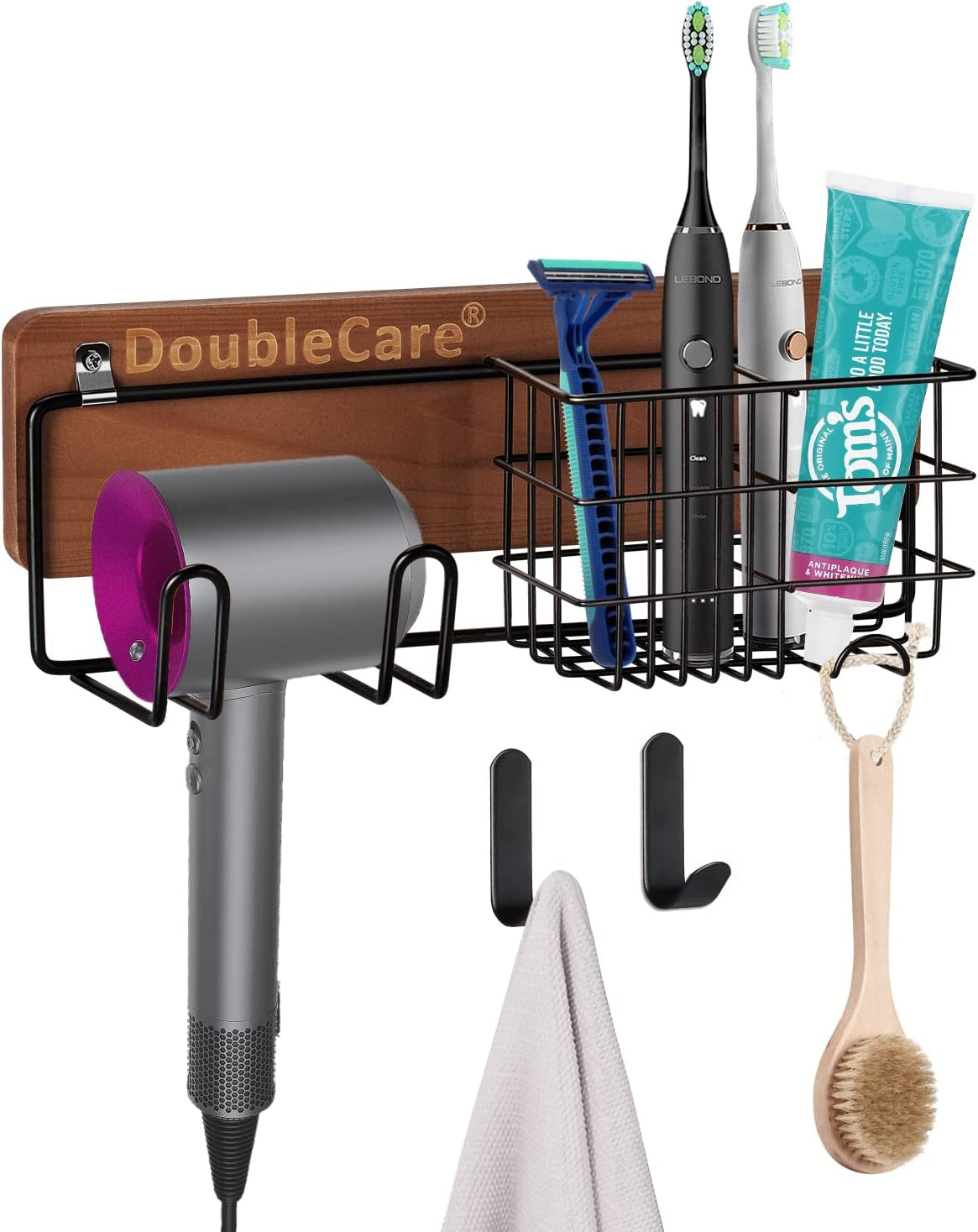 Toothbrush Holder Wall Mounted, Hair Dryer Holder for Dyson with 2 Iron Hooks,Multifunctional Bathroom Organizer for Toothpaste, Toothbrush, Razor,Towel,Wooden