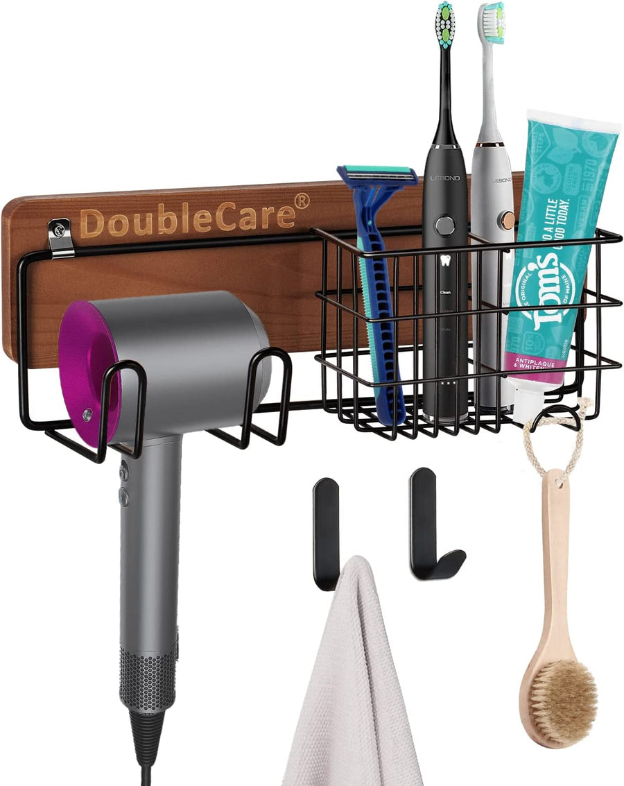 Toothbrush Holder Wall Mounted, Hair Dryer Holder for Dyson with 2 Iron Hooks,Multifunctional Bathroom Organizer for Toothpaste, Toothbrush, Razor,Towel,Wooden