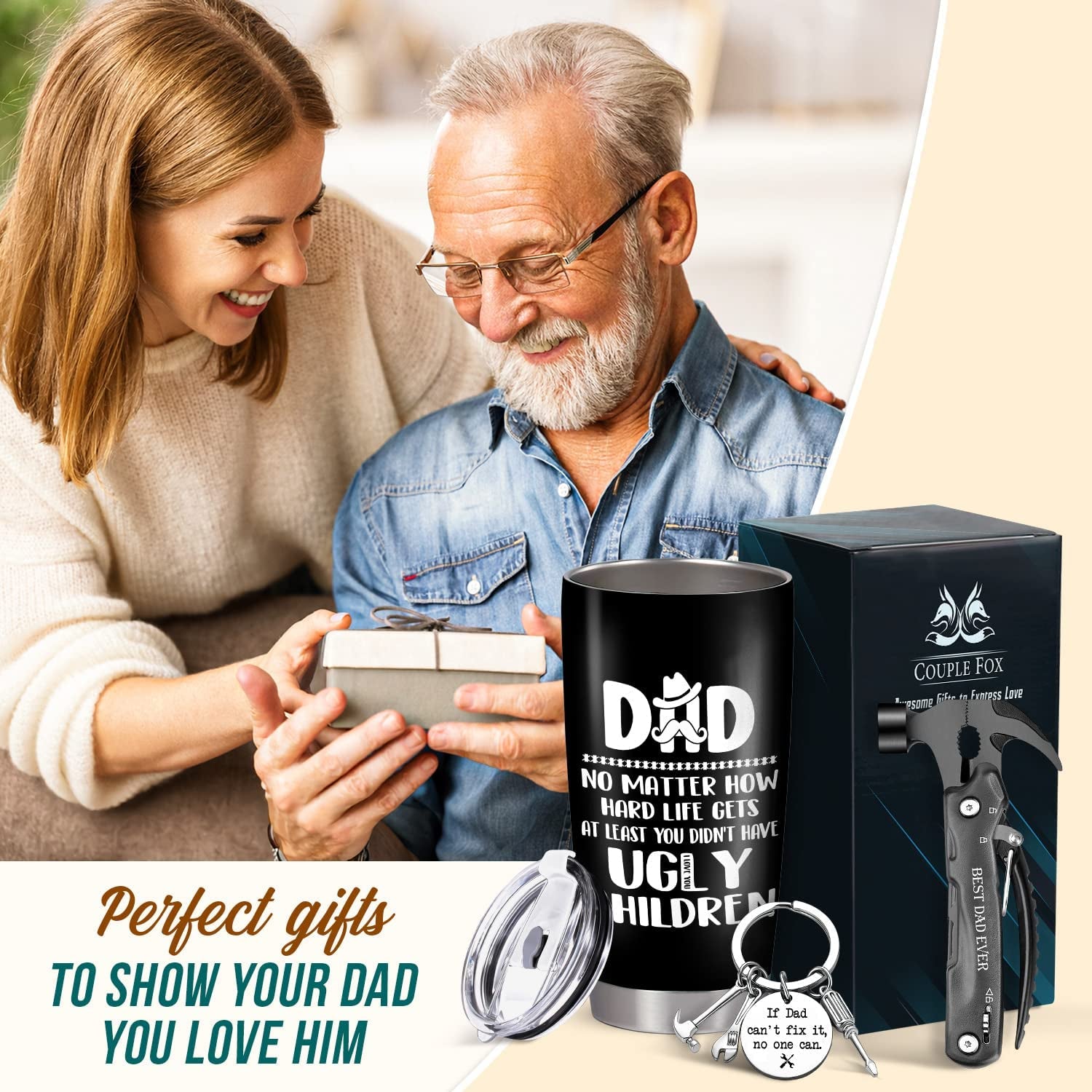 Best Gifts for Dad from Daughter, Son, Kid - Christmas Present for Dad, Husband - Funny Gift Fathers Day, Birthday Gifts for Dad, Father Gifts Set - Keychain, Hammer Multitool, 20Oz Tumbler