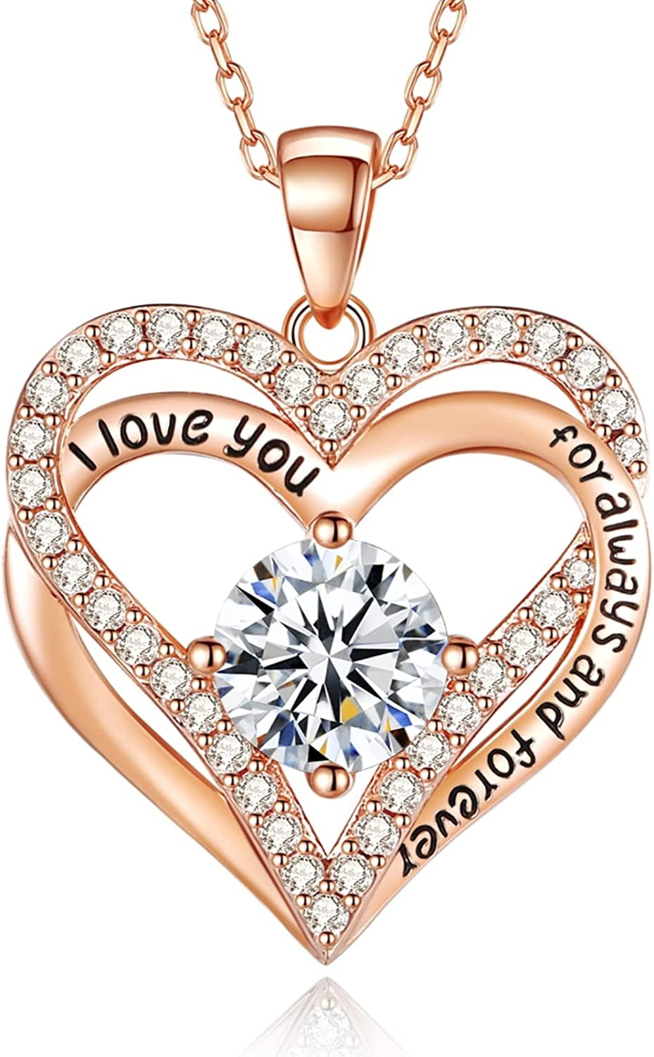 925 Sterling Silver Jewelry for Women, 18K Rose Gold Necklaces for Wife, Birthstone Diamond Heart Pendant for Christmas, Anniversary Jewelry Gift for Her, Girlfriend Necklaces Gift for Valentines Day