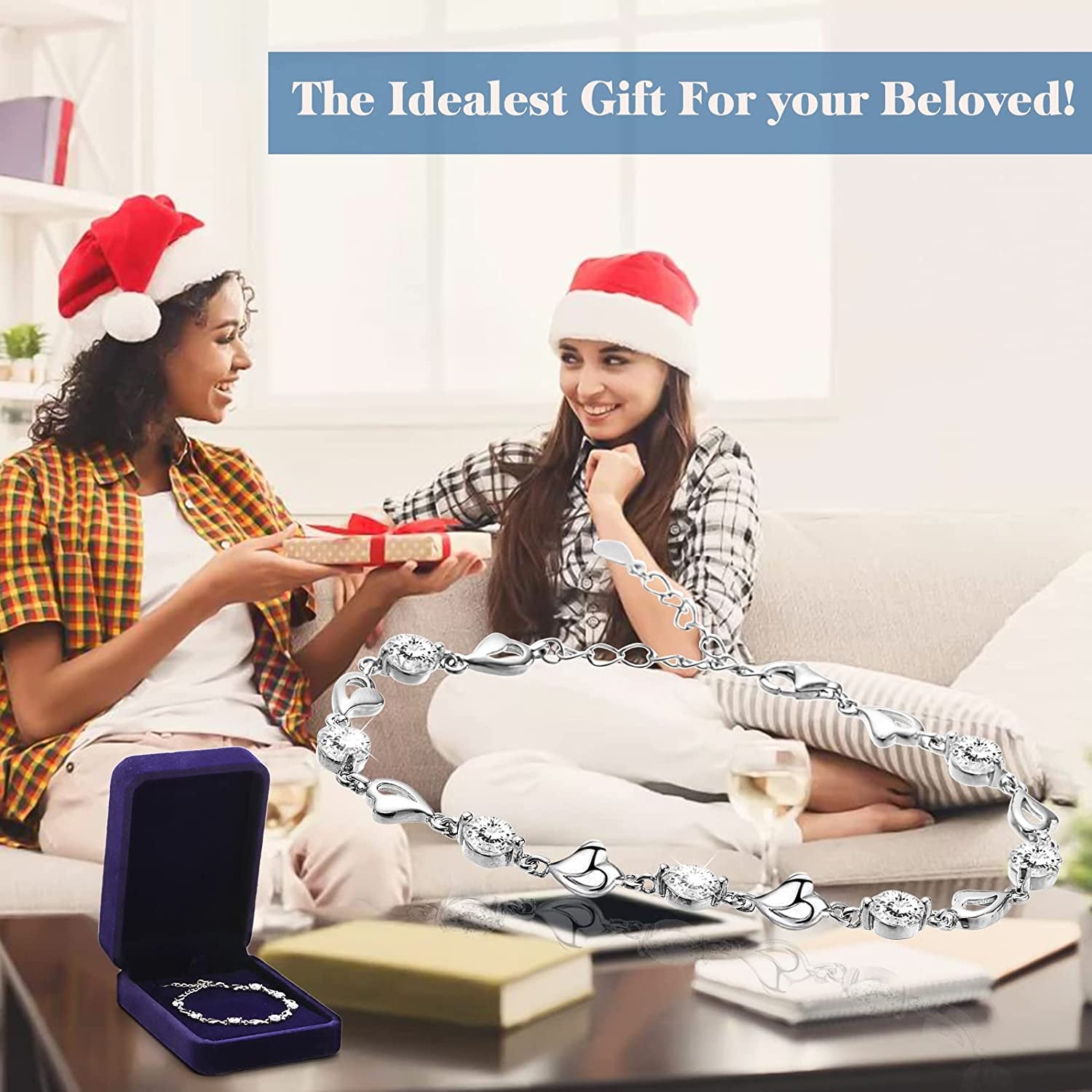 925 Sterling Silver Heart Bracelet for Women Girl, Adjustable Love Heart Bracelet with Cubic Zirconia, Jewelry Heart Anklets Chain Gift with Blue Velvet Gift Box, for Girlfriend, Wife, Grandma, Mom, Birthday, Valentine'S Day