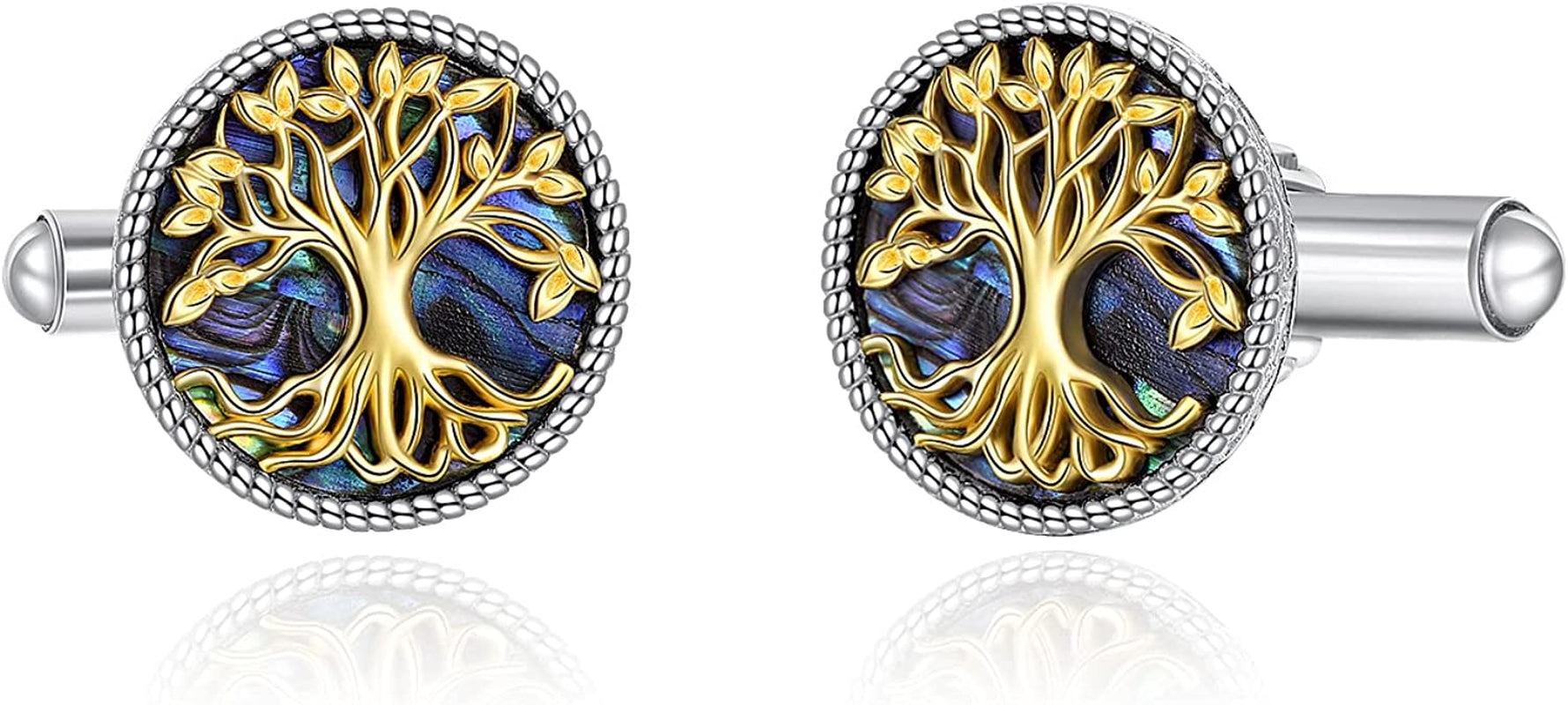 Tuxedo Cufflinks for Men Sterling Silver Tree of Life Men'S round Cuff Links with Abalone Shell Family Tree Business Wedding Groomsmen Gifts Suit Shirt Accessories for Men Father